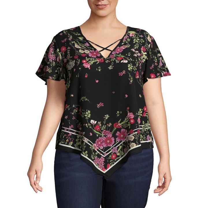Heart N Soul Short Sleeve V Neck Woven Blouse-juniors Plus