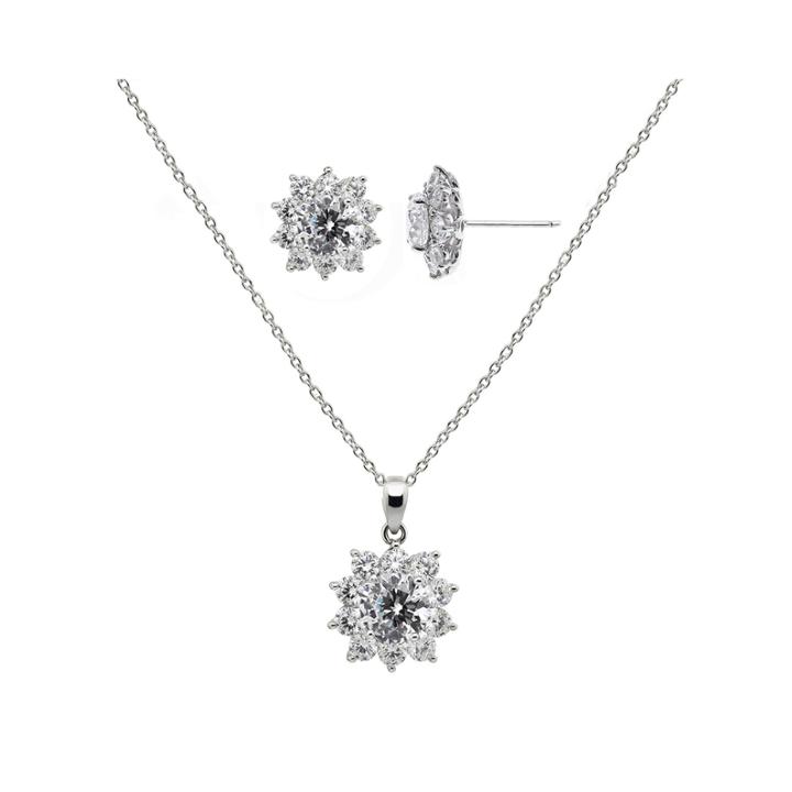 Diamonart Cubic Zirconia Sterling Silver Flower Earring And Pendant Necklace Set