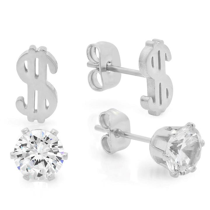 Steeltime 2 Pair White Cubic Zirconia Earring Sets