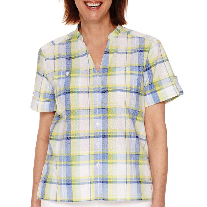Alfred Dunner Tropical Punch Short-sleeve Plaid Burnout Blouse - Petite