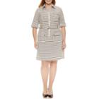 Sharagano 3/4 Sleeve Zip Front Stripe Shirt Dress-plus
