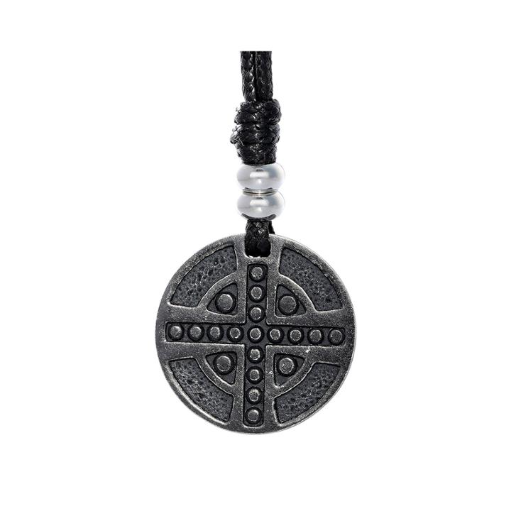 Mens Black Ip Stainless Steel Cross Medallion Pendant Necklace On Leather Cord