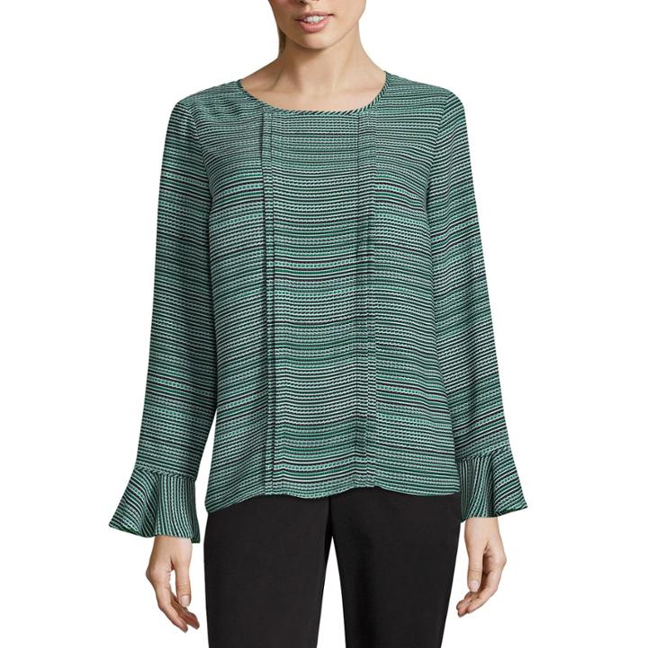 Liz Claiborne Long Sleeve Crew Neck Woven Stripe Blouse-tall
