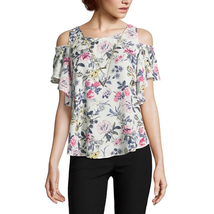 By & By Short Sleeve U Neck Floral Blouse-juniors