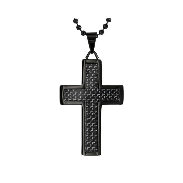 Black Stainless Steel Cross Pendant Necklace With Carbon Fiber Inlay