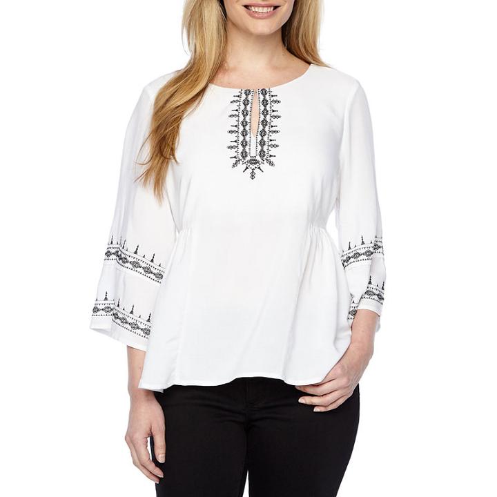 Liz Claiborne 3/4 Sleeve Embroidered Peasant Top