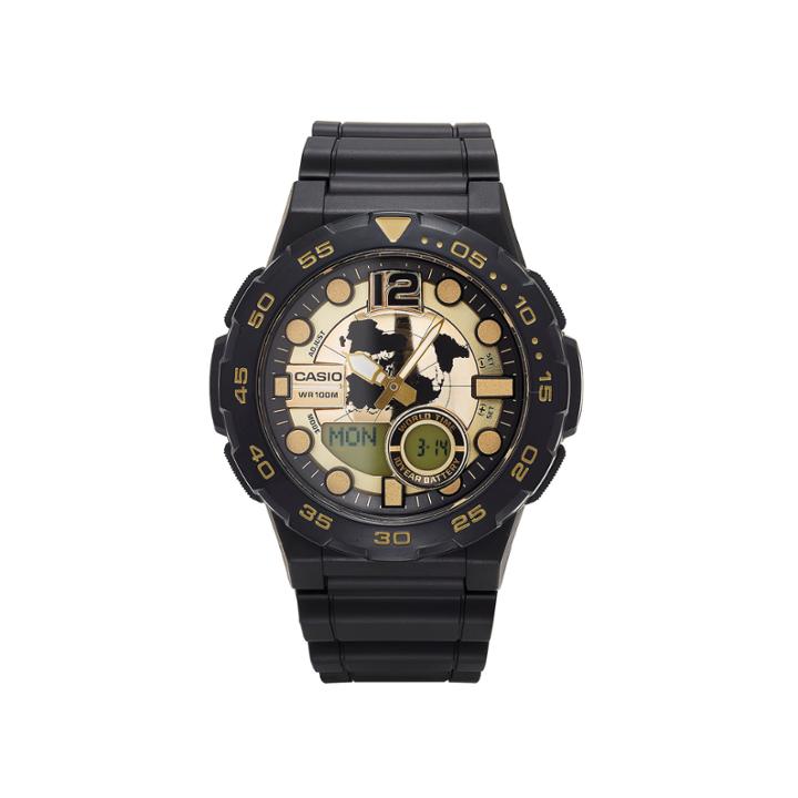 Casio Mens Black And Gold Analog/digital Dive Strap Watch Aeq100w-1av