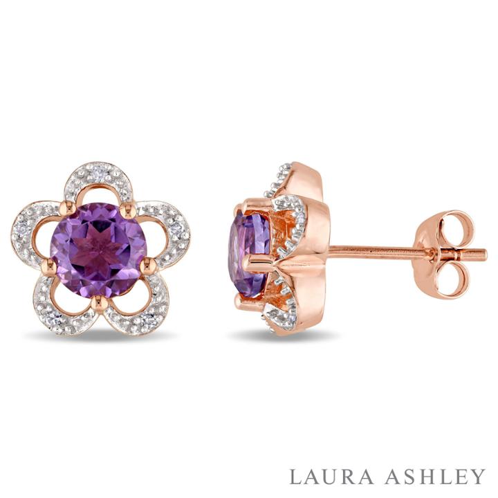 Laura Ashley Diamond Accent Round Purple Amethyst 10k Gold Stud Earrings