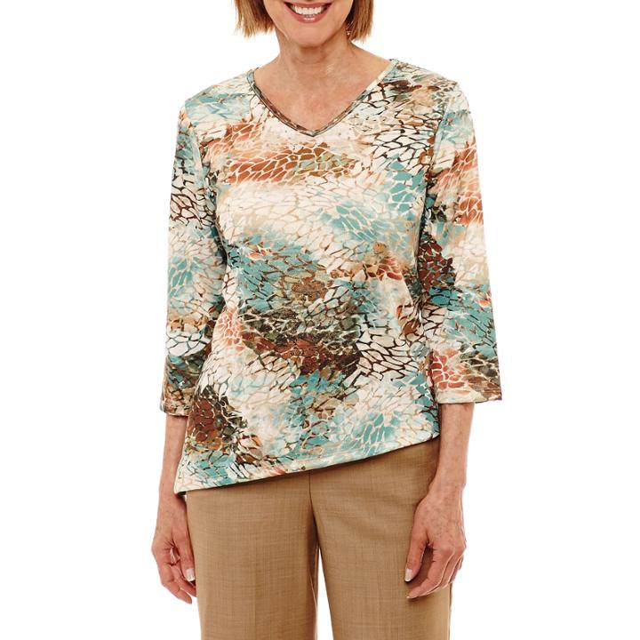 Alfred Dunner Emerald Isle 3/4 Sleeve V Neck Animal T-shirt-womens Petites