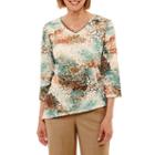 Alfred Dunner Emerald Isle 3/4 Sleeve V Neck Animal T-shirt-womens Petites