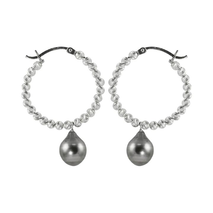 Black Tahitian Pearl & Sparkle Bead Hoop Earrings
