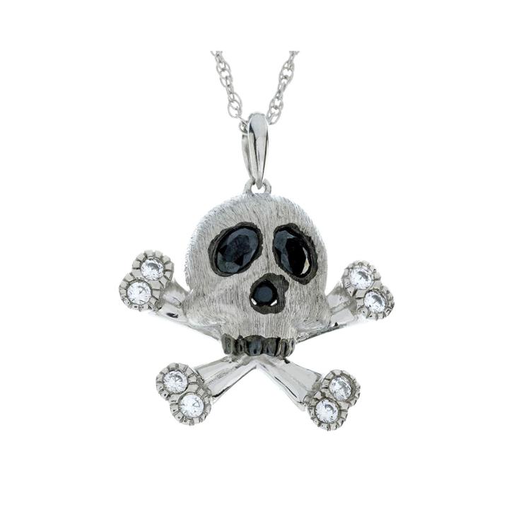 Genuine Onyx And Lab-created White Sapphire Skull And Crossbones Sterling Silver Pendant Necklace