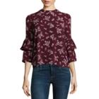 Wallflower 3/4 Sleeve High Neck Crepe Floral Blouse-juniors