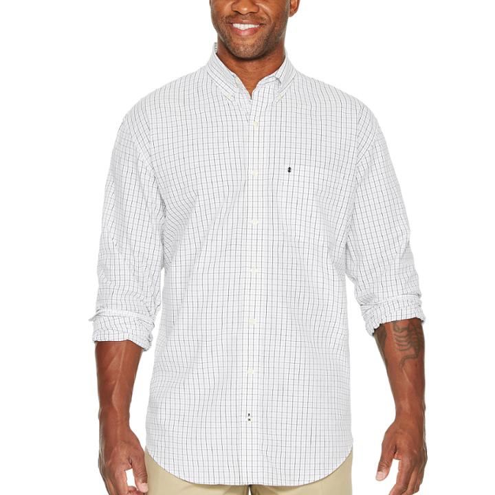 Izod Long Sleeve Checked Button-front Shirt-big And Tall