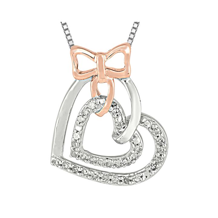 1/5 Ct. T.w. Diamond Sterling Silver And 10k Rose Gold Bow Heart Necklace