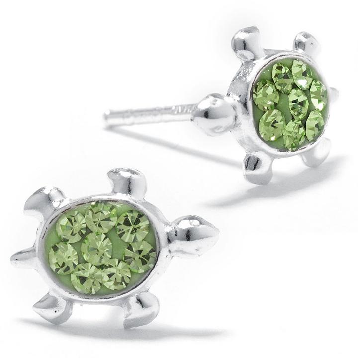 Silver Treasures Sterling Silver Crystal Turtle Round Green Stud Earrings
