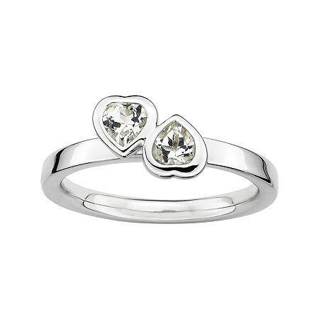 Personally Stackable Genuine White Topaz Sterling Silver Double-heart Ring