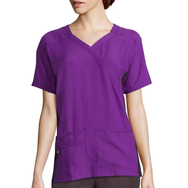 Wonderwink Womens Short-sleeve Mock-wrap Knit Panel Top
