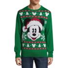 Novelty Season Crew Neck Long Sleeve Mickey Santa Cotton Blend Pullover Sweater