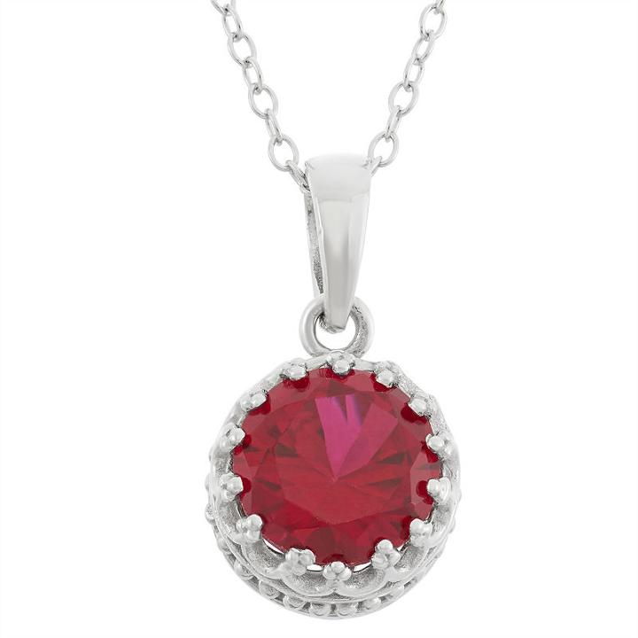 Womens Lead Glass-filled Red Ruby Sterling Silver Round Pendant Necklace