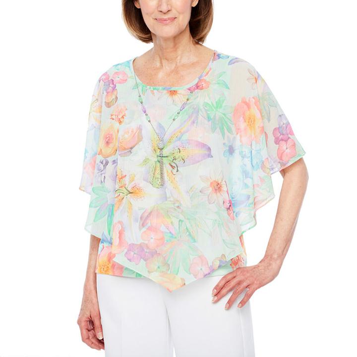Alfred Dunner Roman Holiday Short Sleeve Crew Neck Knit Floral Blouse-petites