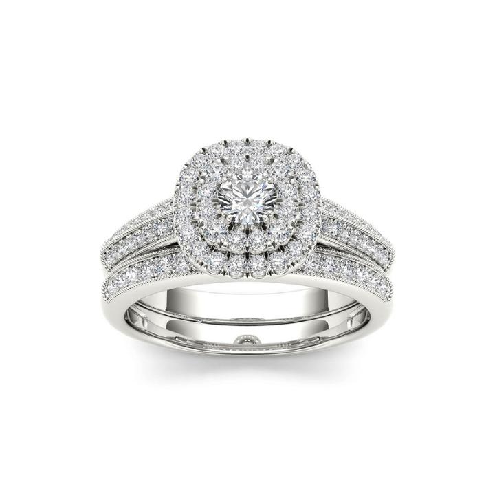 7/8 Ct. T.w. Diamond 10k White Gold Halo Bridal Ring Set
