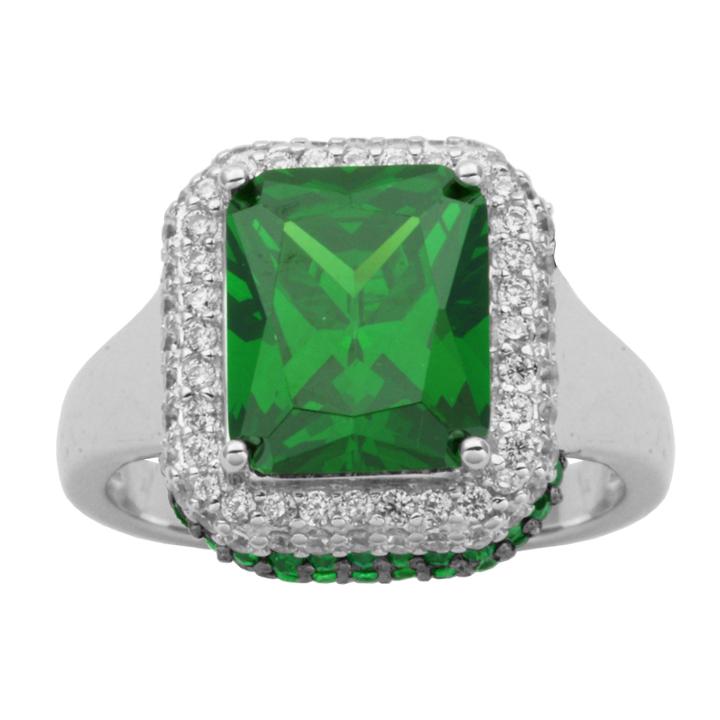 Diamonart Sterling Silver Green Radiant Cubic Zirconia Halo Ring