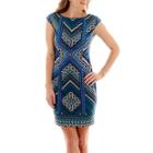 London Style Collection Cap-sleeve Geometric Print Sheath Dress