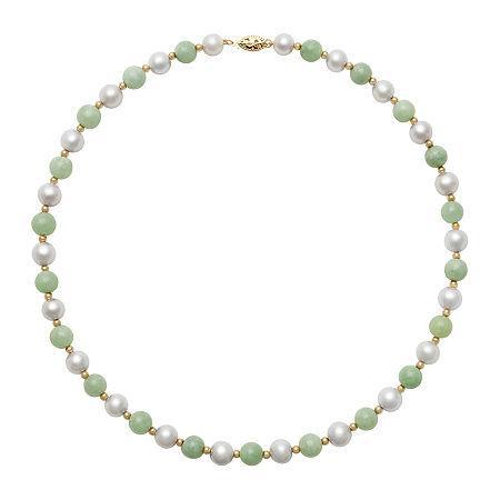 14k Yellow Gold Cultured Freshwater Pearl & Dyed Green Jade Necklace