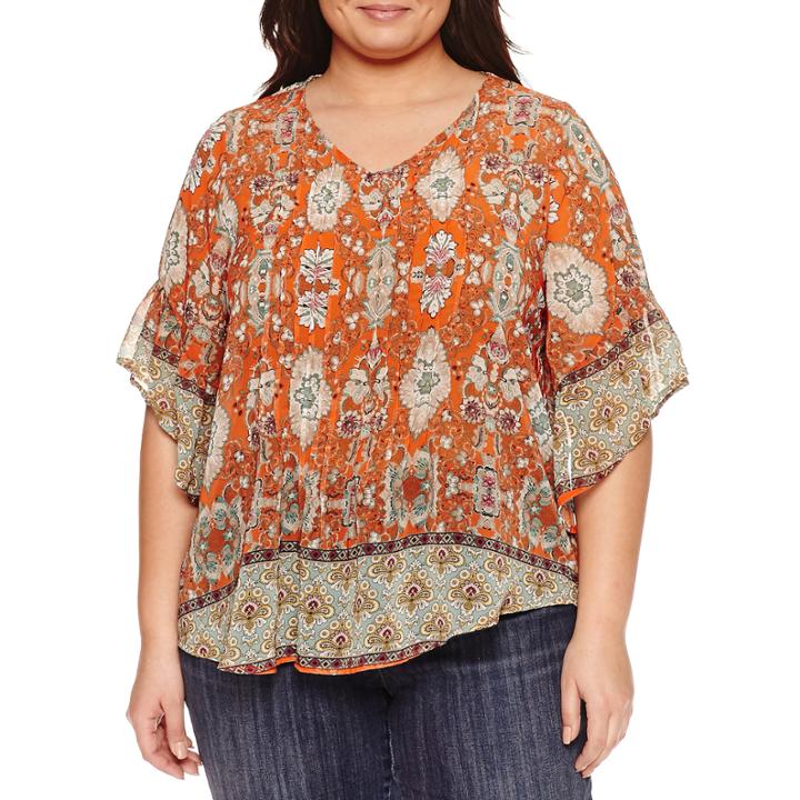 Unity World Wear 3/4 Sleeve V Neck Woven Paisley Blouse-plus