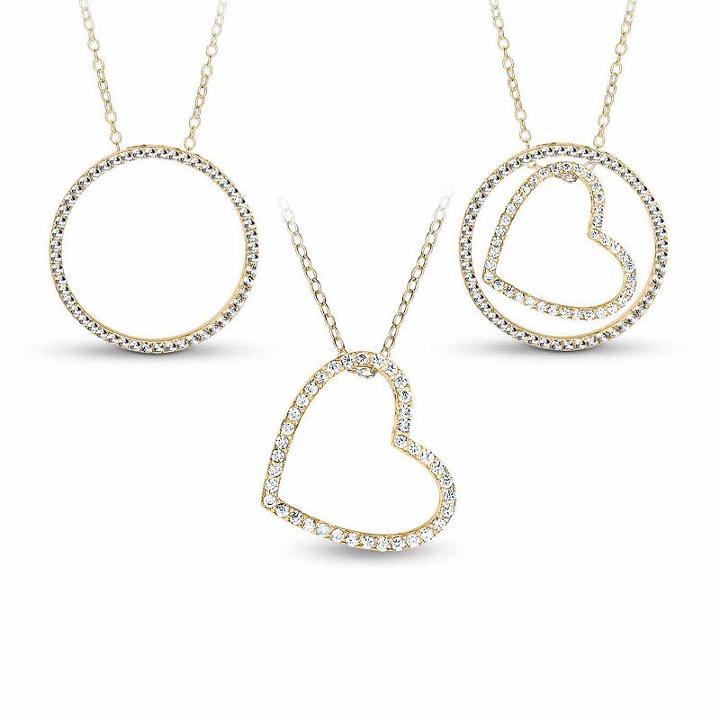18k Gold Over Silver 3-in-1 Cubic Zirconia Circle Heart Necklace
