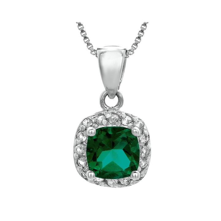 Cushion-cut Lab-created Emerald And Genuine White Topaz Sterling Silver Pendant Necklace