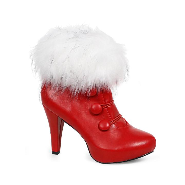 Women's Red Ankle Boots With Faux Fur