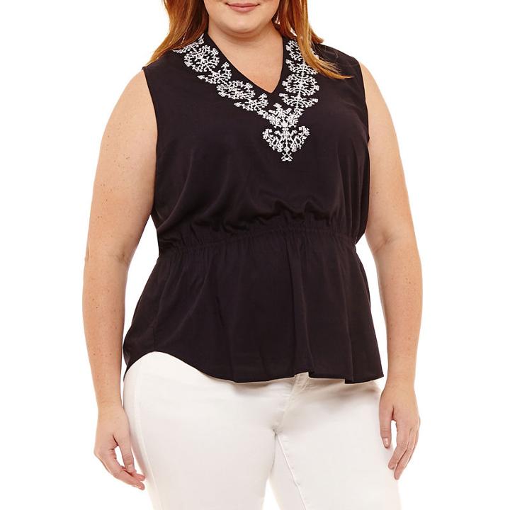 Liz Claiborne Sleeveless V Neck Woven Embroidered Blouse-plus