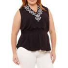 Liz Claiborne Sleeveless V Neck Woven Embroidered Blouse-plus
