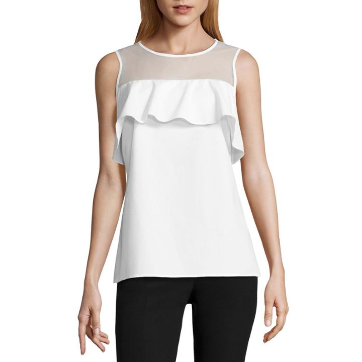 Worthington Sleeveless Illusion Neck Ruffle Blouse