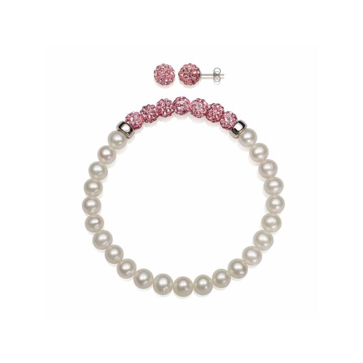 Cultured Freshwater Pearl & Pink Lab Created Crystal Bead Sterling Silver Jewelry Set