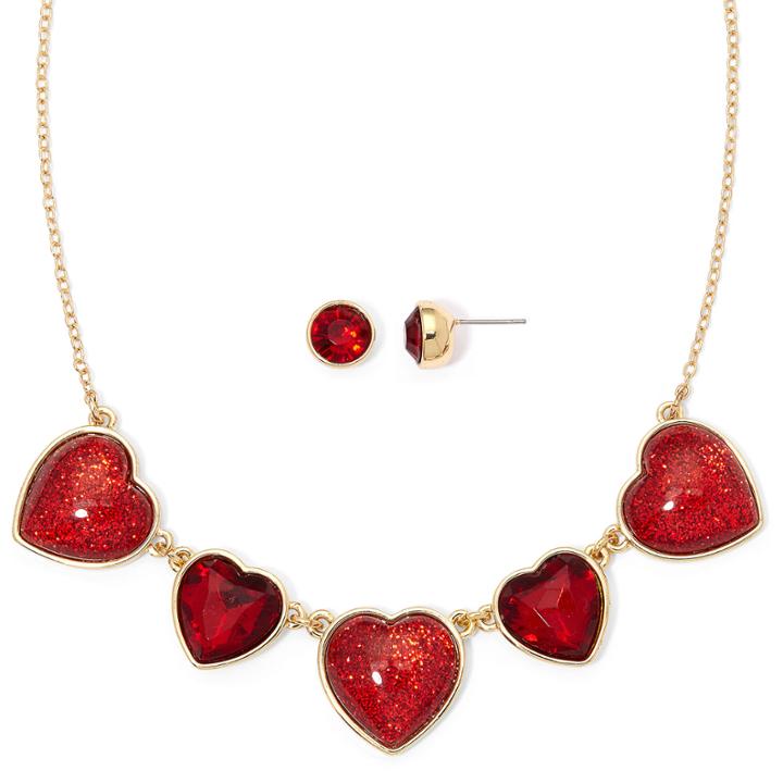 Liz Claiborne Red Crystal Heart Earring And Necklace Set