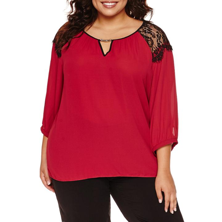 By & By 3/4-sleeve Lace-shoulder Peasant Blouse - Juniors Plus