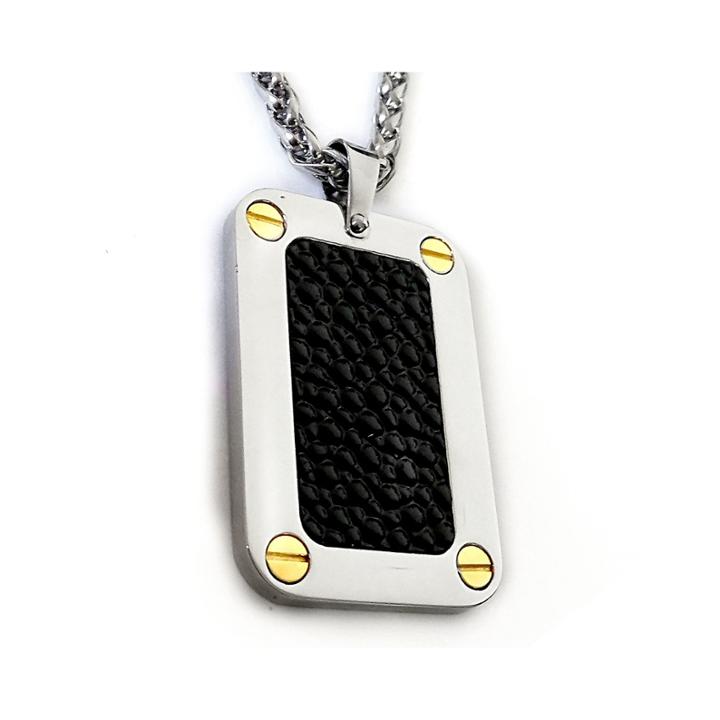 Mens Black Stingray Leather Two-tone Stainless Steel Dog Tag Pendant Necklace
