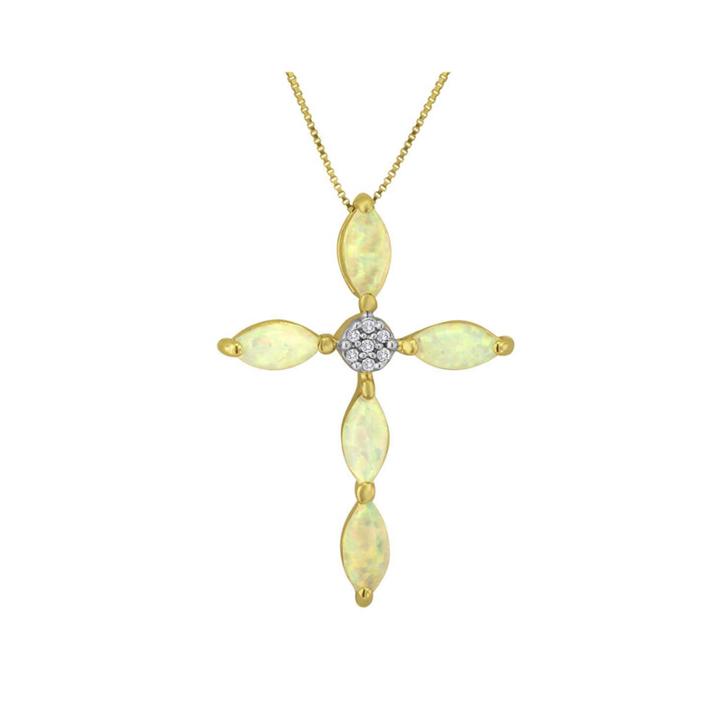 Lab-created Opal And Diamond-accent 10k Yellow Gold Cross Pendant Necklace