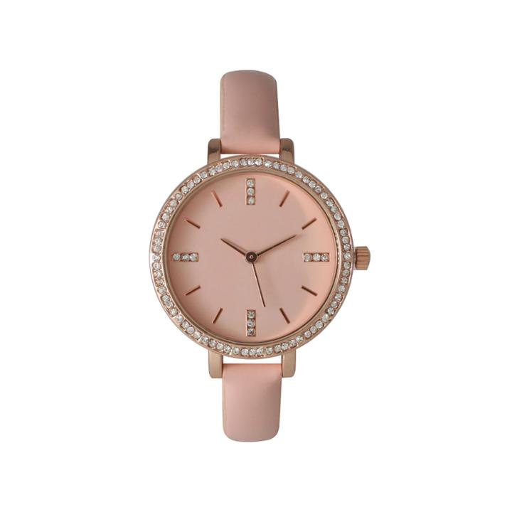 Olivia Pratt Womens Rhinestone Bezel Rhinestone Dial Light Pink Leather Watch 15321