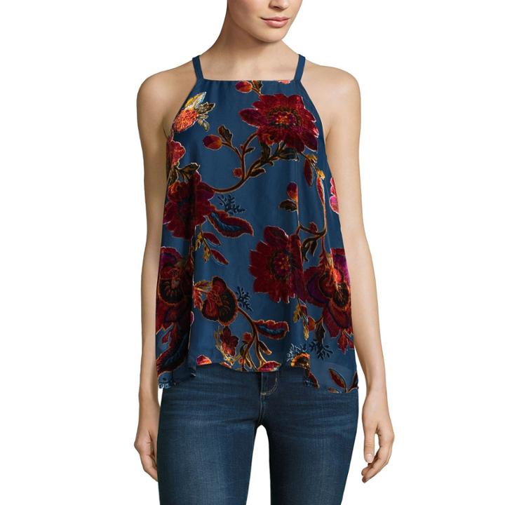 Eyeshadow Sleeveless Square Neck Velvet Floral Blouse-juniors