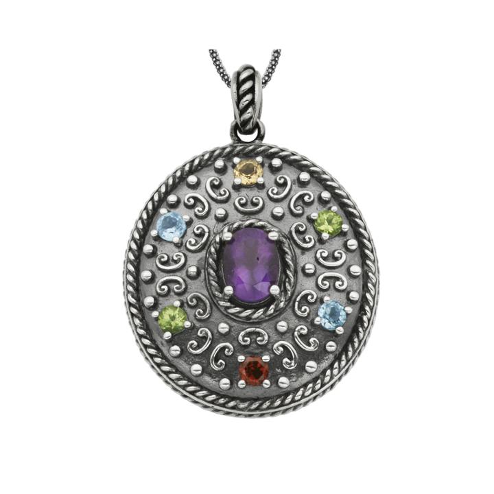 Multi-gemstone Oxidized Sterling Silver Pendant Necklace
