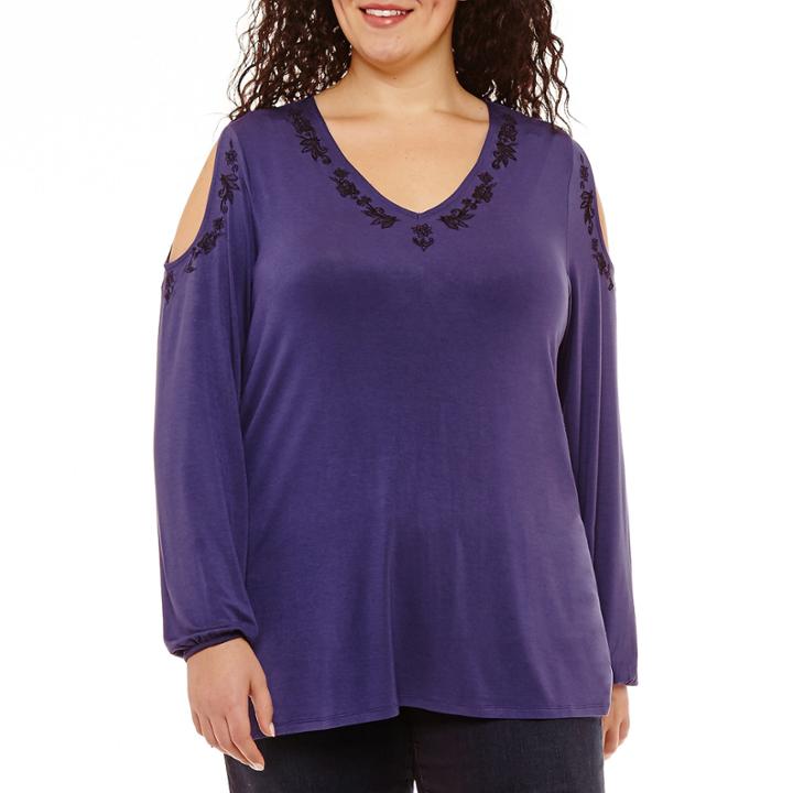 Long Sleeve Cold Shoulder Embroidered Blouse-plus