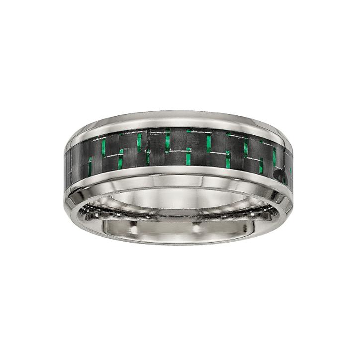 Personalized Mens 8mm Titanium Black & Green Carbon Fiber Inlay Wedding Band