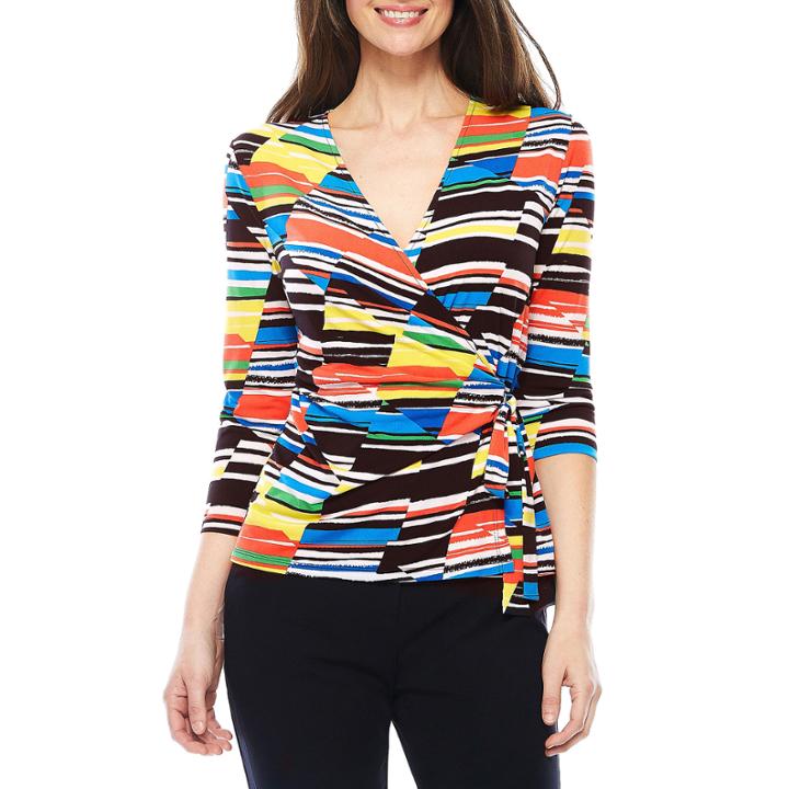 Black Label By Evan-picone 3/4 Sleeve V Neck Jersey Blouse