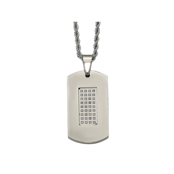 Mens Cubic Zirconia Stainless Steel Dog Tag Pendant