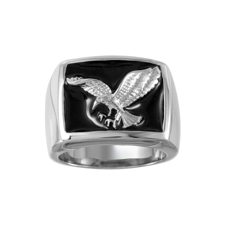 Mens Two-tone Stainless Steel Black Enamel Eagle Ring
