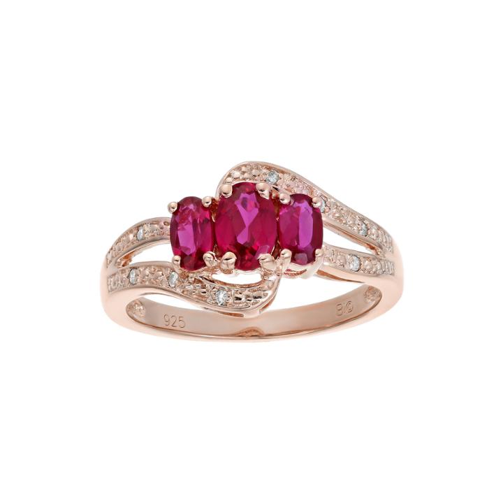 Lab-created Ruby And Genuine White Topaz Rose-tone Sterling Silver 3-stone Ring
